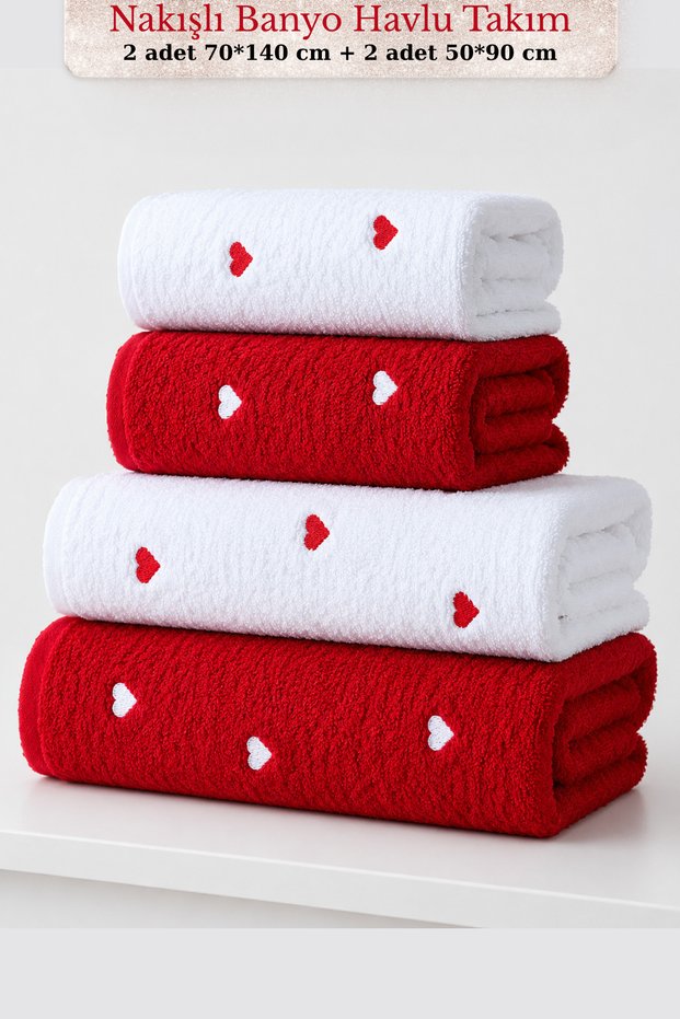 100% Cotton | Tok Kumaş | Red White | Çehizlik | Klap Embroidered 4-Piece Bath Towel Set