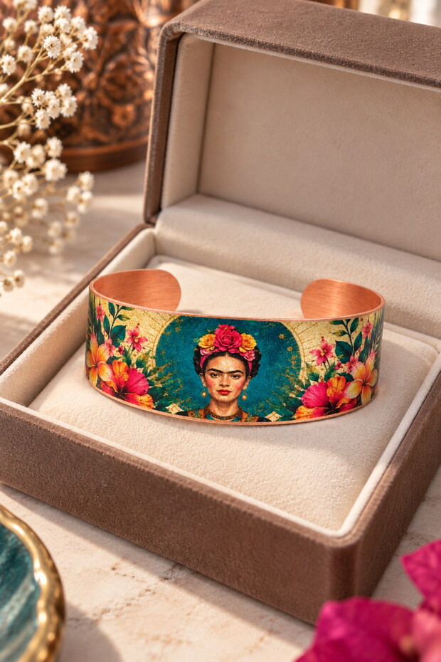 Frida Kahlo Themed Turquoise Floral Wide Form 100% Copper Bracelet
