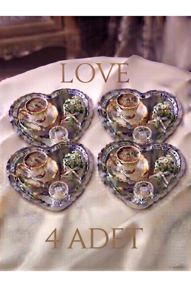 Love Heart Mirror Tray 24X23 cm Chrome Plated Luxury Turkish Coffee and Promise Engagement Presentation Tray