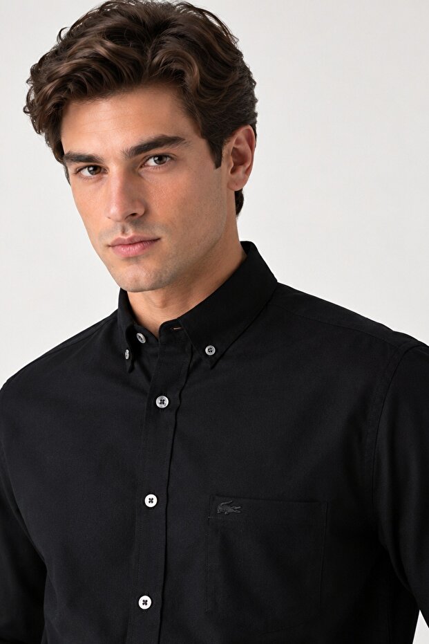 Men's Regular Fit Button-Down Cotton Shirt Buttoned Collar Cotton Men's Shirt Black
