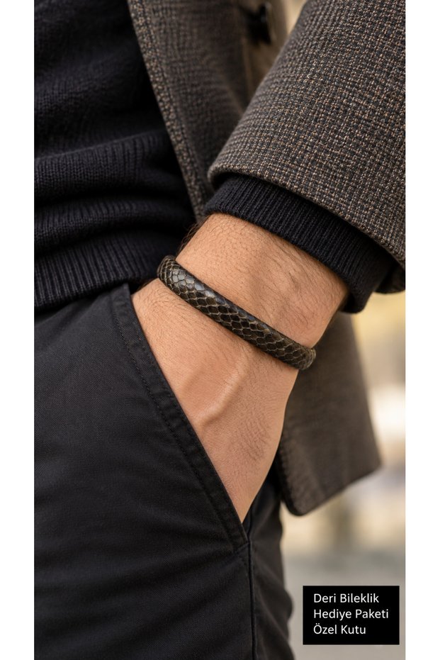 Embrano Mink Gray Python Snake Skin Men's Bracelet - with Gold Color Clasp