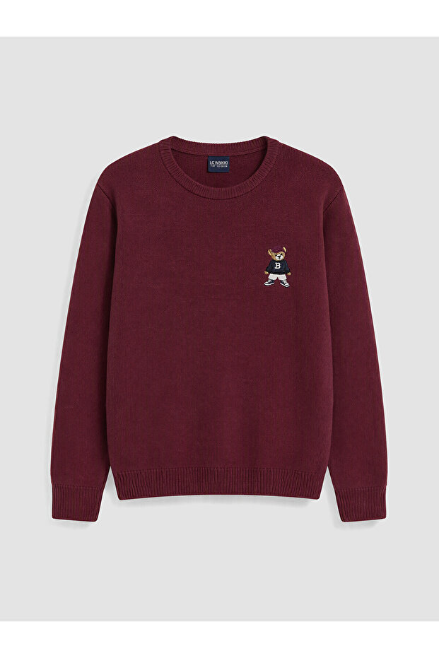 Nevavm Farkıyla Xside Red Oval Collar Bear Teddy Printed Men's Knitwear Sweater