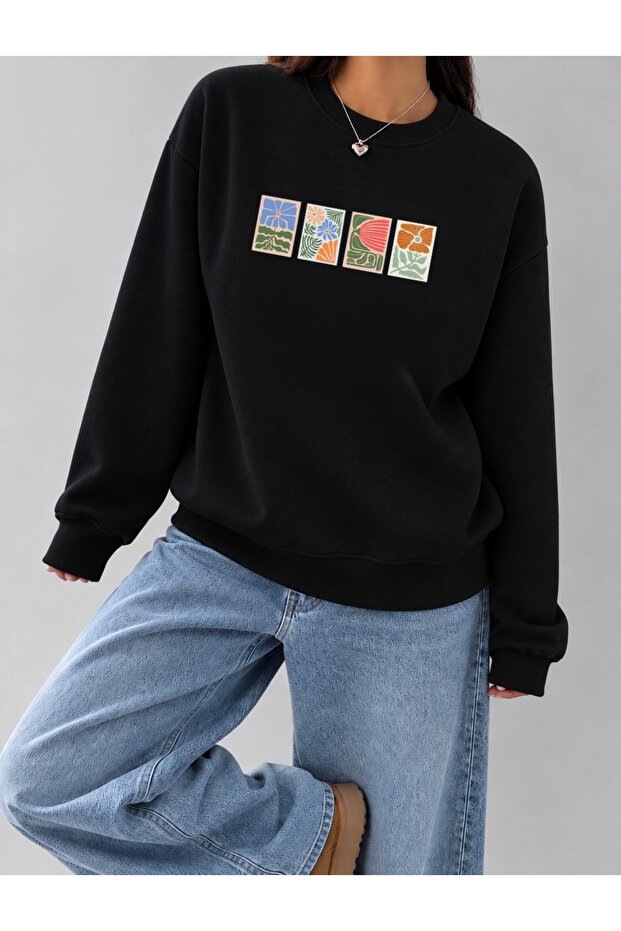 Flowers Side by Side Printed Oversized Women's Crewneck Sweatshirt