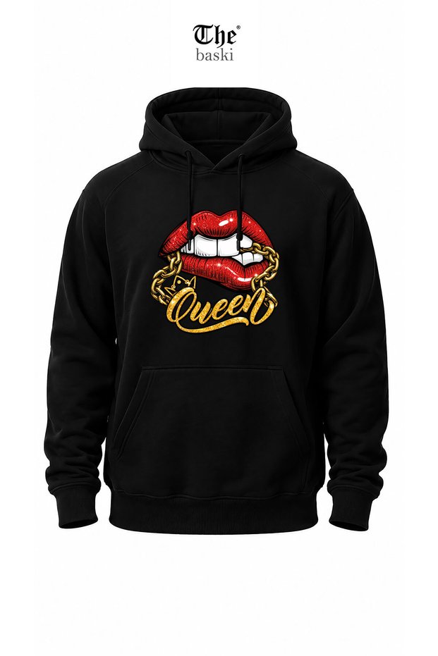 Streetwear Queen Lip and Chain Printed Y2K Kangaroo Pocket Hooded 100% Cotton 3 Thread Sweatshirt