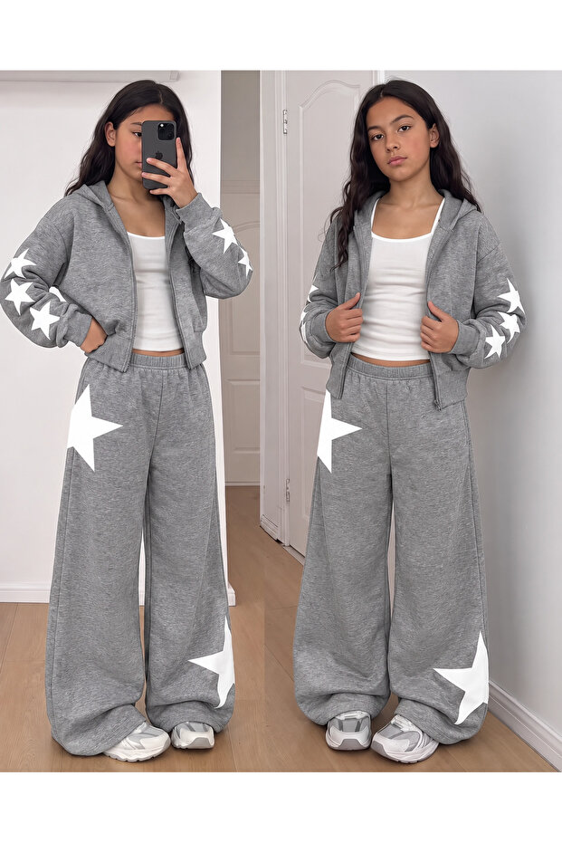Girl's Star Printed Zippered Cardigan, Wide-Leg Sweatpants and Bodysuit 3-Piece Set