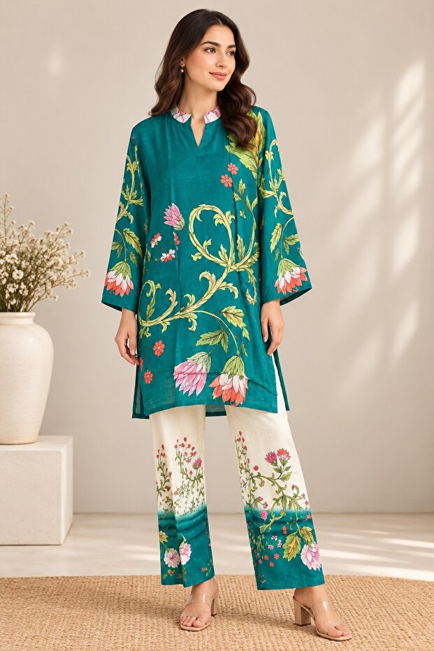 Women’s Teal Green Floral Print Co-Ord Set with Wide-Leg Pants