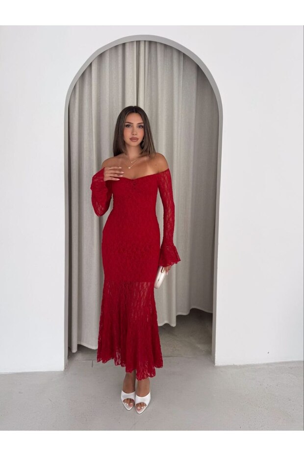 Women's Shoulder Open Lined Long Lace Dress