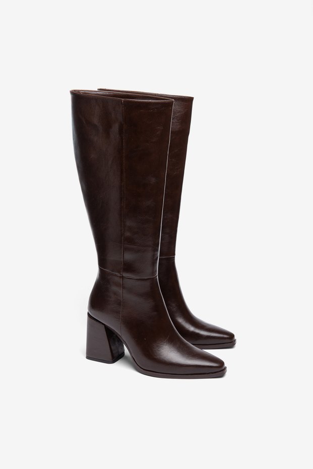 Bitter Brown Shiny Pointed Toe Thick Heeled Semi-Zipper Boots