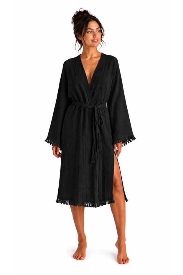 Bohemia Muslin Kimono Bathrobe – Tassel Detailed Slit Spa & Beach Kimono