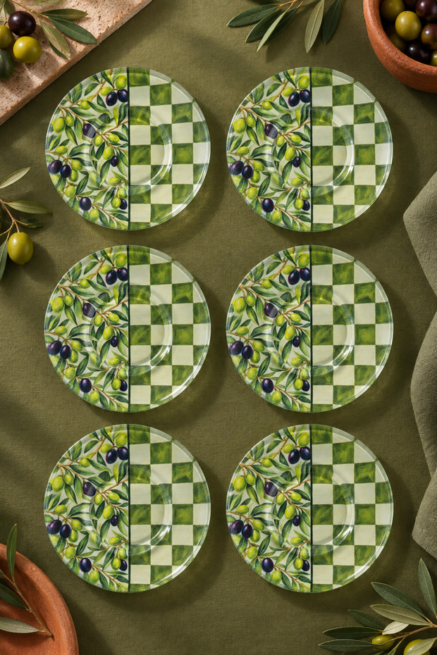 Set of 6 Glass Tea Plates – Olive Branch and Checkerboard Pattern 12 cm – 6 Tea Plates