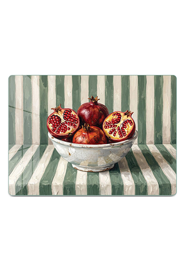 Rustic Gouache Pomegranate Still Life Patterned Glass Cutting Board and Presentation Plate 25 X 35 cm