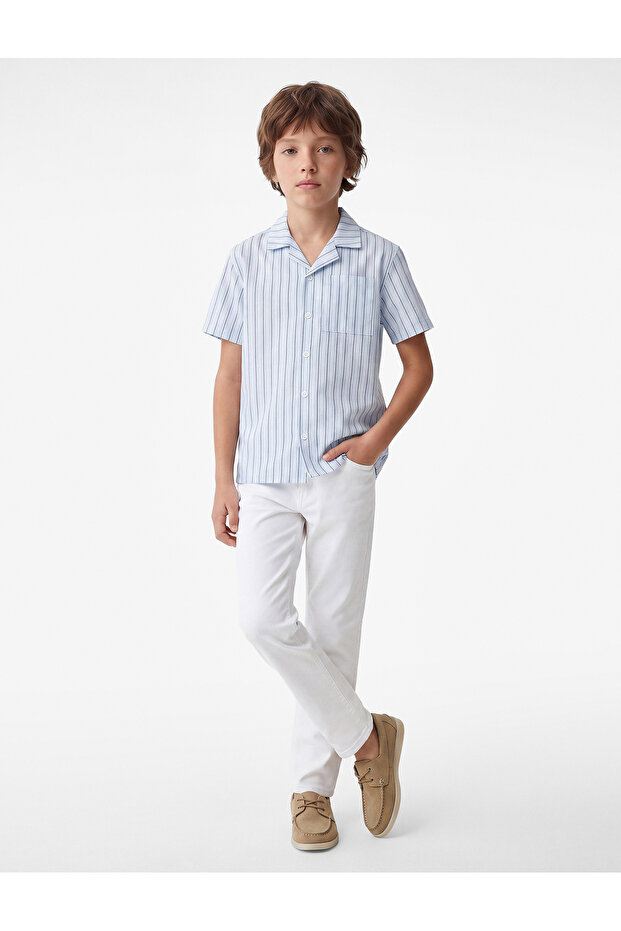 Pocket Detailed Loose Fit Short Sleeve Collared Oversize Striped Poplin Shirt