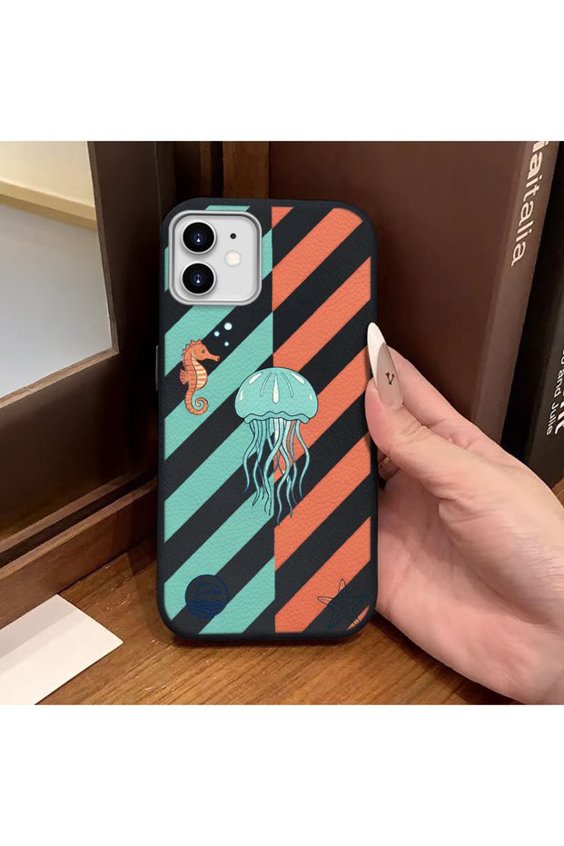 iPhone 11 Compatible Black Leather Textured Silicone Camera Protective Shock-Absorbing Jellyfish Pattern Case