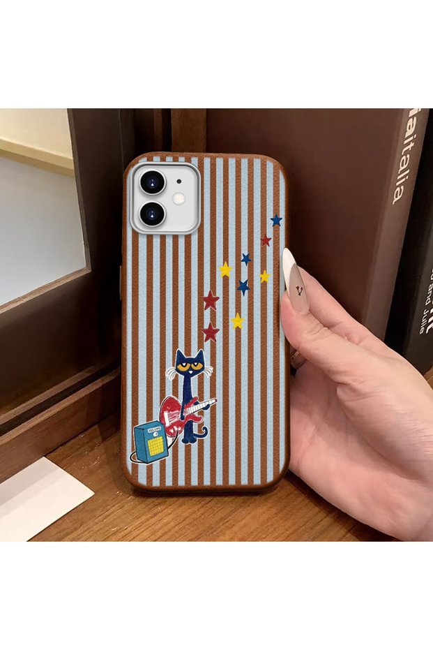 iPhone 12/12 Pro Compatible Brown Leather Textured Silicone Protects Camera Shock-Absorbing Cat and Star Pattern Case