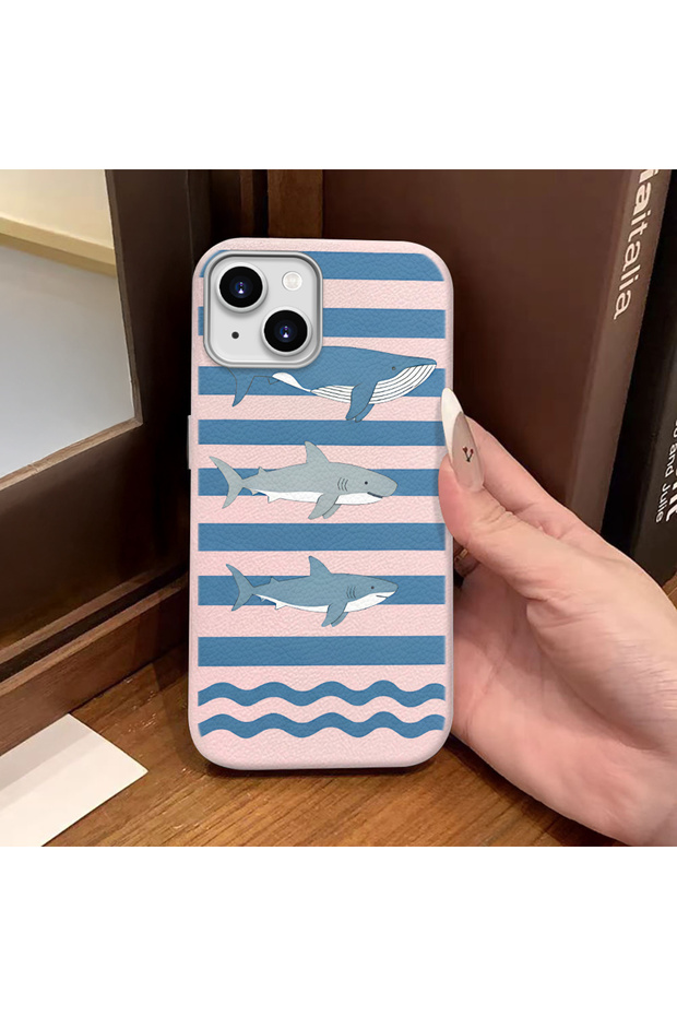 iPhone 14/13 Compatible Pink Leather Textured Silicone Camera Protective Shock-Absorbing Case with Marine Animals Pattern