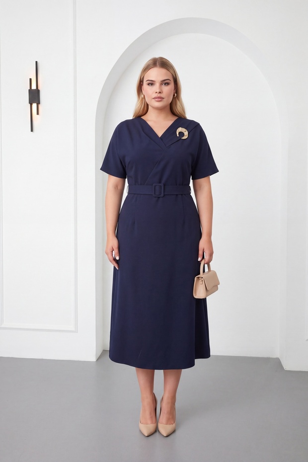 Women's Navy Blue V-Neck Belted Plus Size Event Dress