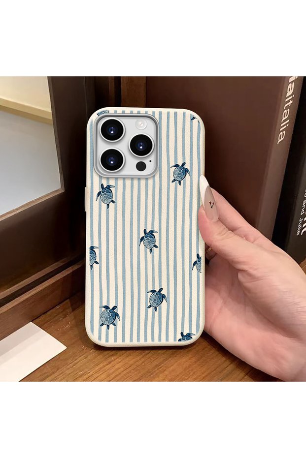 iPhone 15 Pro Max Compatible White Leather Textured Silicone Protects Camera Shock-Absorbing Turtle Pattern Case