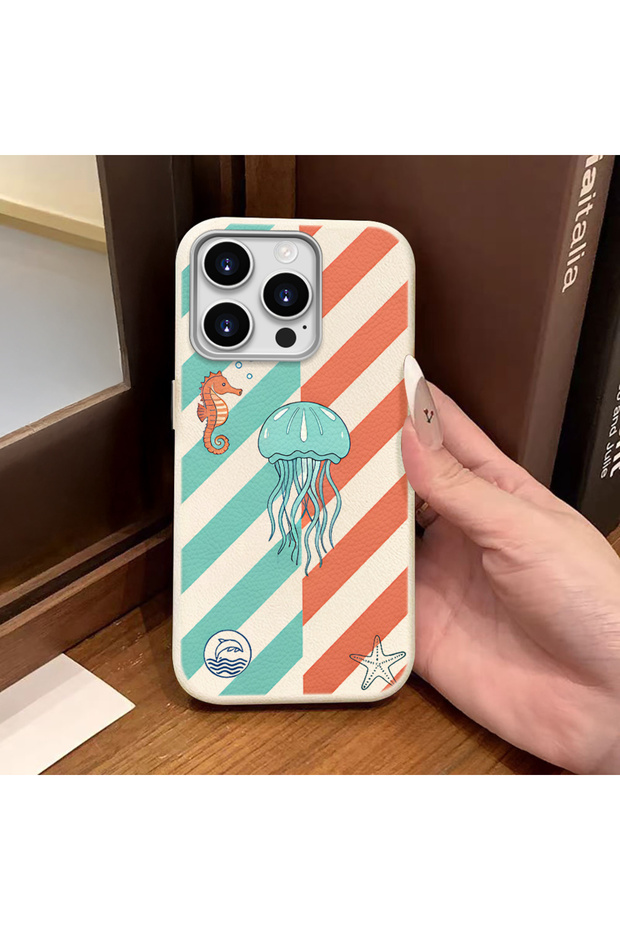 iPhone 16 Pro Compatible White Leather Textured Silicone Camera Protective Shock-Absorbing Jellyfish Pattern Case