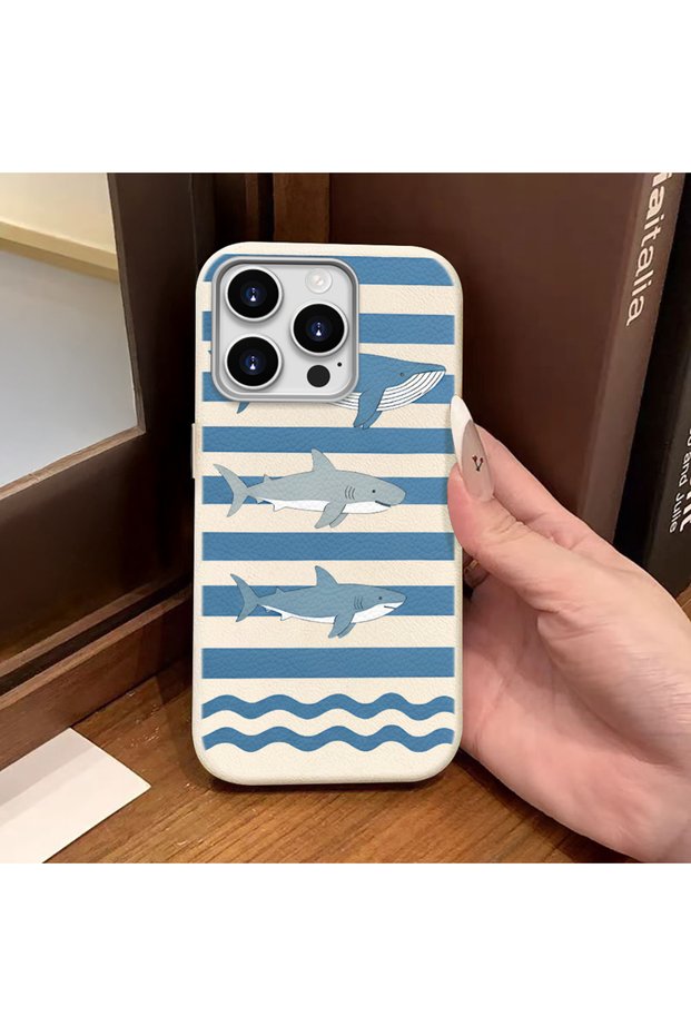 iPhone 15 Pro Max Compatible White Leather Textured Silicone Protects Camera Shock-Absorbing Sea Animal Pattern Case