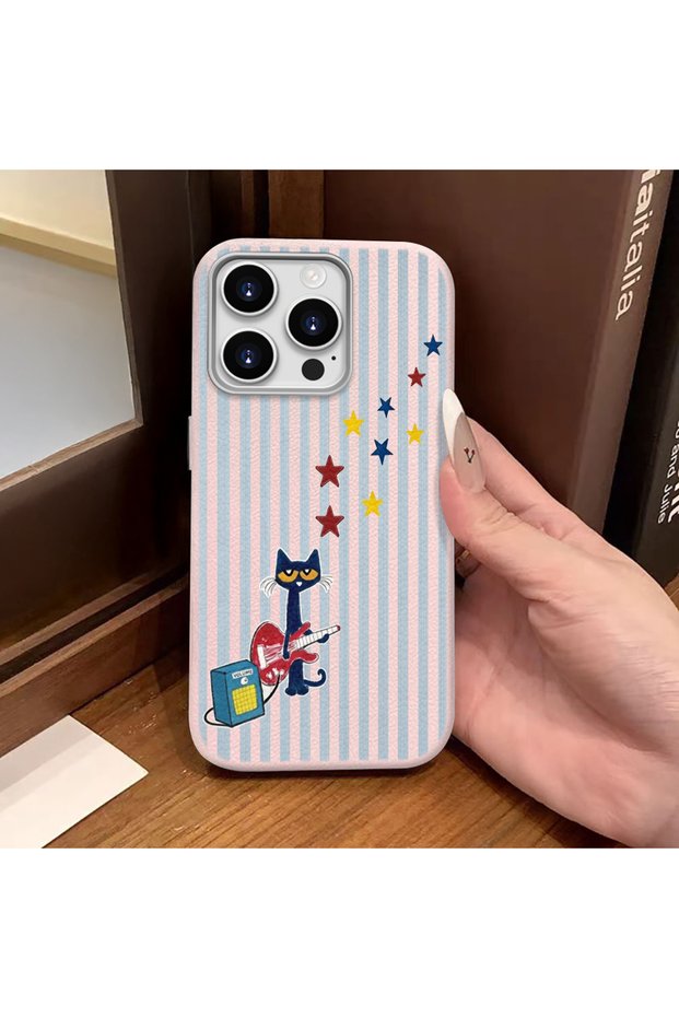 iPhone 14 Pro Max Compatible Pink Leather Textured Silicone Protects Camera Shock-Absorbing Cat and Star Pattern Case