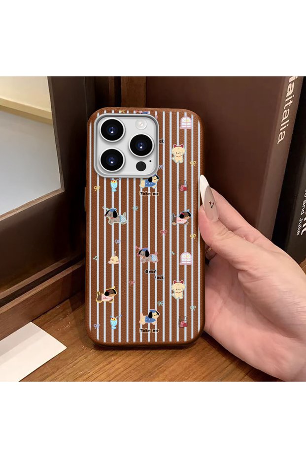 iPhone 15 Pro Compatible Brown Leather Textured Silicone Protects Camera Shock-Absorbing Cartoon Dog Pattern Case