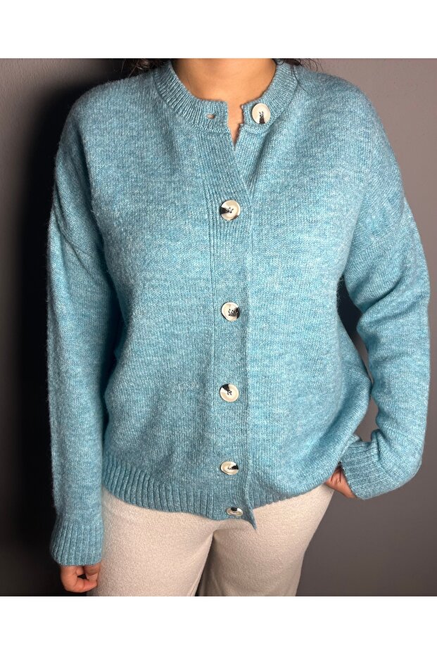 Button Detailed Knitwear Cardigan Crew Neck Oversize