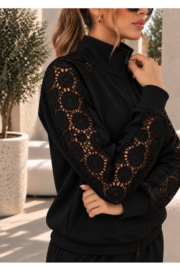 Black Women's Lace Detailed Zippered Tracksuit Set – High Neck Top & Wide Leg Pants Two-Piece Set