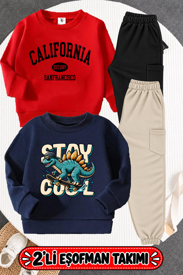 Boys' California and Dinosaur Printed 2-Pack Red-Navy Blue Kids' Tracksuit Set (Bottom and Top)