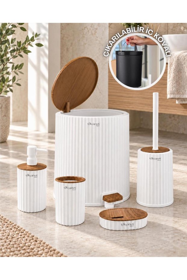 5-Piece Wood Look Bathroom Set with Pedal and Removable Inner Bucket