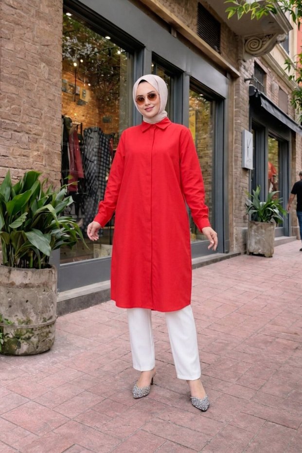 Women's Shirt Collar Casual Long Red Shirt Dress