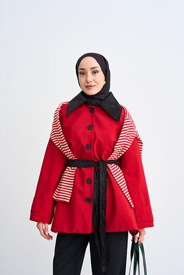 Women's Collared Suede Detailed Waist-Tie Short Lined Trench Coat Red