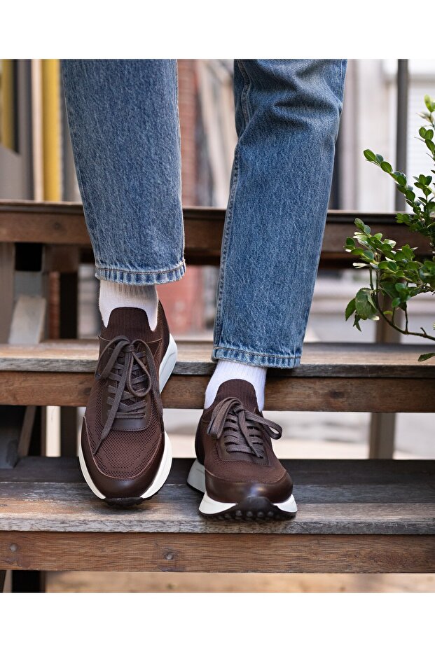Paul Model Genuine Leather Handmade Brown Knitwear Sneaker Shoes