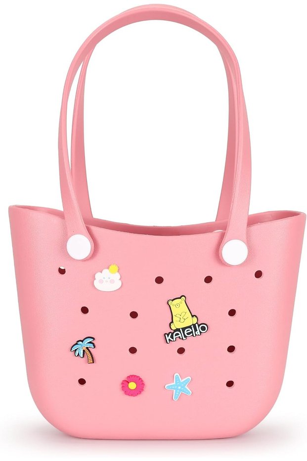 Kaliedo 35×11×26cm EVA Rubber Beach Tote Bag with 5 Summer Charms | Waterproof, Durable & Easy-to-Clean | Spacious Summer Beach Bag for Women & Family (Pink)