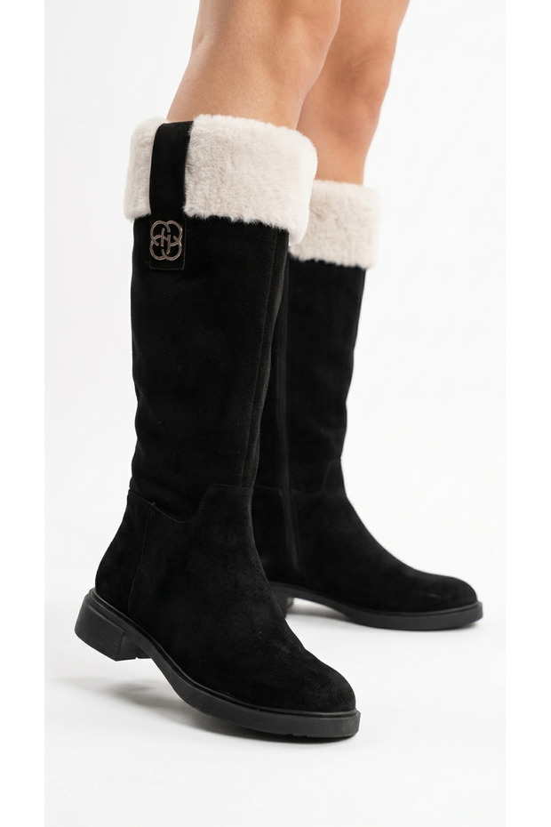 Women's Fur Detailed Suede Look Zippered Short Heeled Boots
