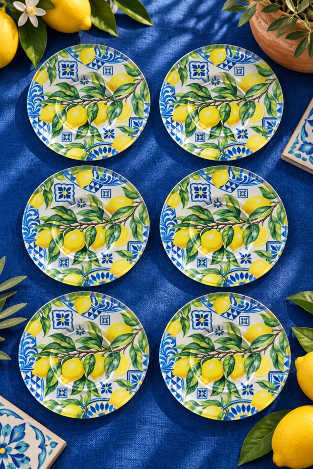 Set of 6 Glass Tea Plates – Lemon & Iznik Tile Patterned 12 cm – 6 Tea Plates