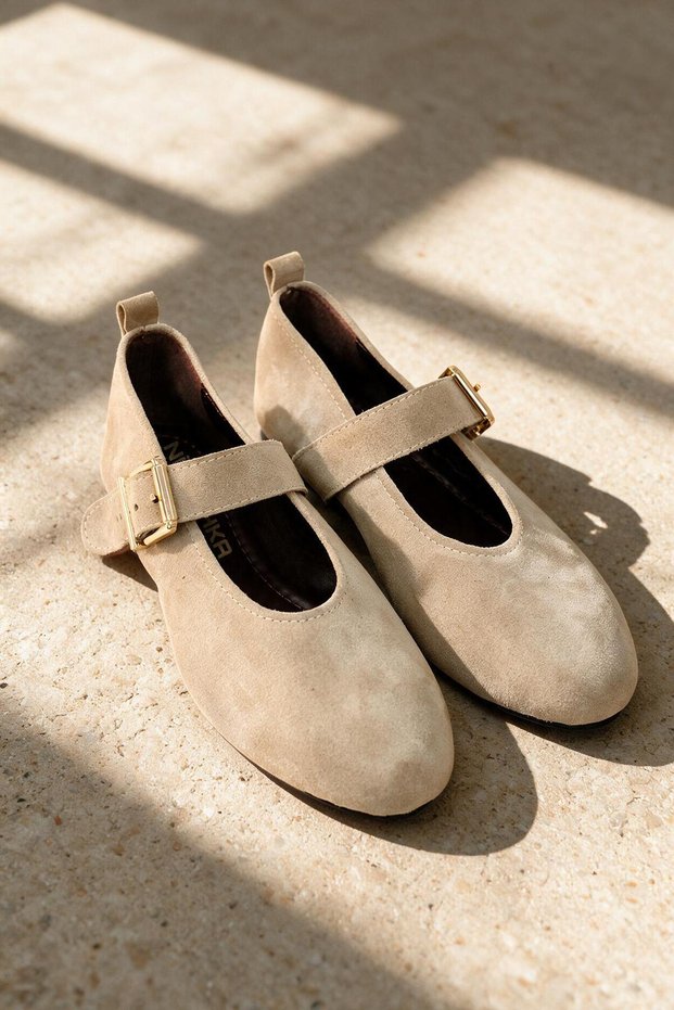 Norel Beige Women's Genuine Leather Suede Mary Jane Ballerina Buckle Shoes
