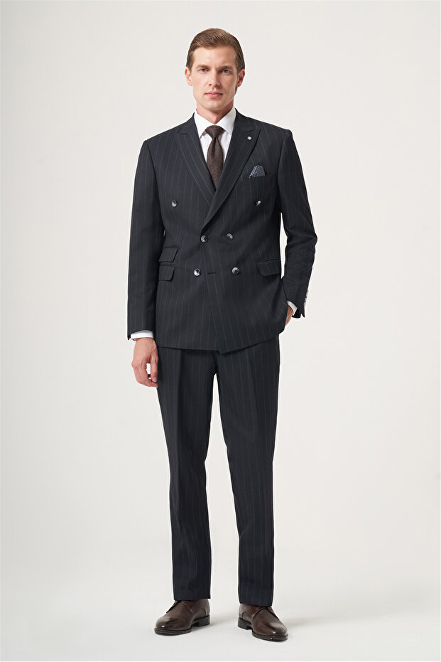 Navy Blue-Grey Swallow Collar Striped Double Breasted 6 Drop Slim Fit Full Lining Flexible Suit 1001260286