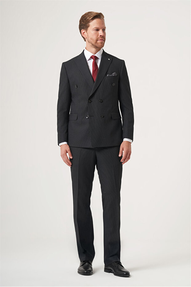 Brown-Grey Swallow Collar Striped Double Breasted 6 Drop Slim Fit Full Lining Flexible Suit 100126028