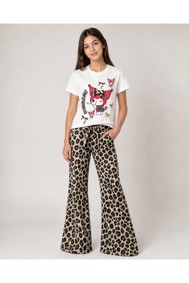 Girls' Leopard Print Spanish Flared Pants and Printed T-Shirt Set 13-14 Years Old