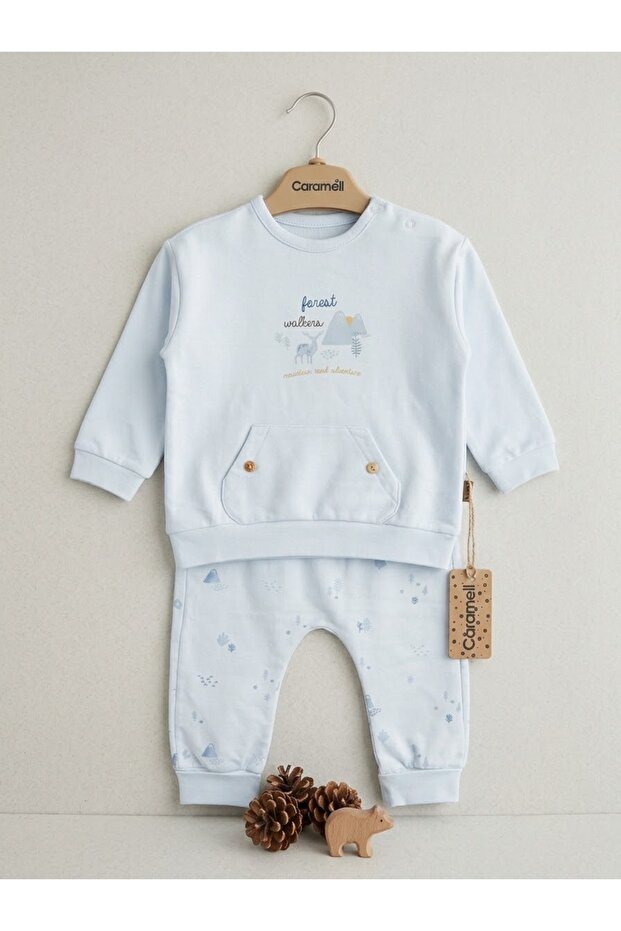 Baby Boy Set with Deer Print and Pockets, Seasonal Interlock Fabric Two-Piece Set