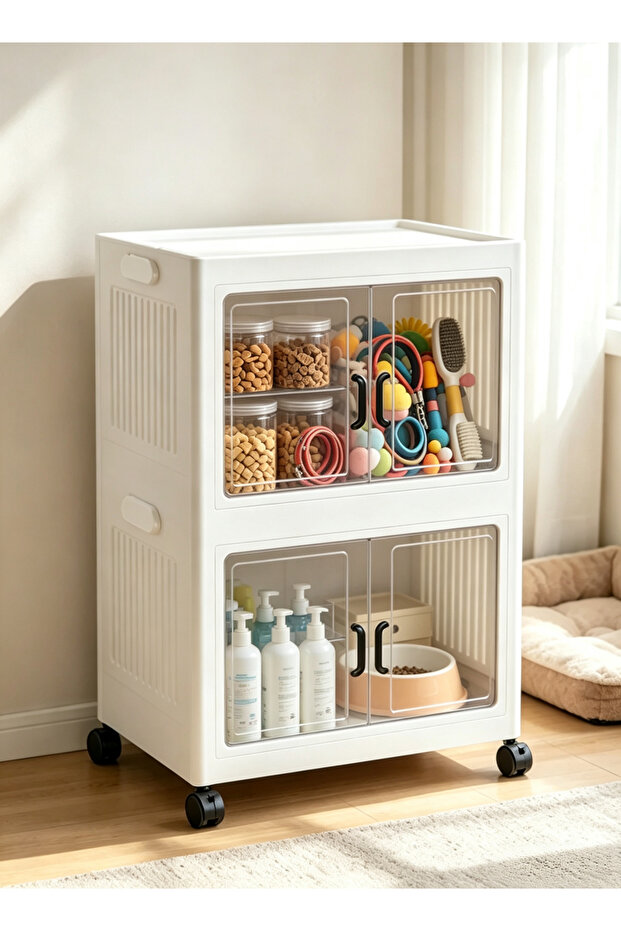 2 3 4 5 Tier Stackable Storage Cabinet with Wheels, White Plastic Foldable Rolling Organizer with Clear Doors, Multi-layer Home Storage Chest