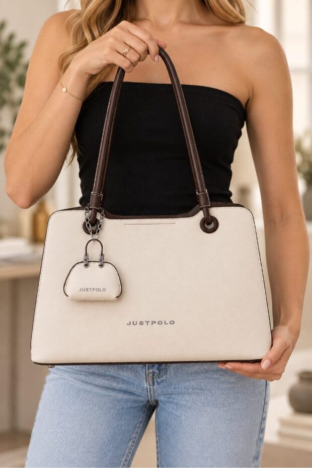 Women's Hand and Shoulder Bag Saffiano Patterned Multi-Compartment Mini Accessory Bag Cream