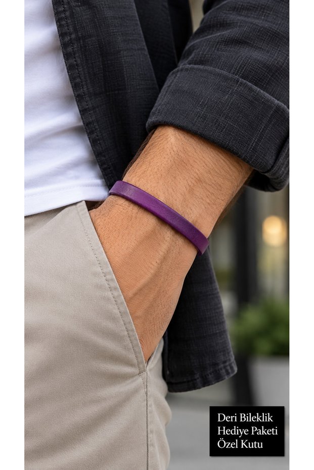 Nerello Purple Leather Men's Bracelet - Elegant and Modern Design with Long Silver Lock