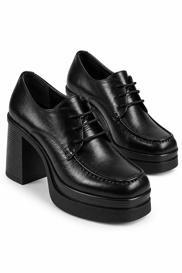 Rosa Black Rustic Women's Daily Lace-Up Comfortable Stylish Heeled High Wedge Loafer