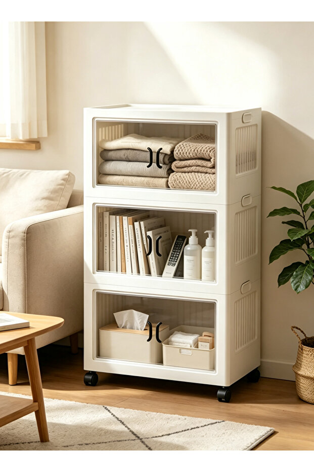 2 3 4 5 Tier Stackable Storage Cabinet with Wheels, White Plastic Foldable Rolling Organizer with Clear Doors, Multi-layer Home Storage Chest