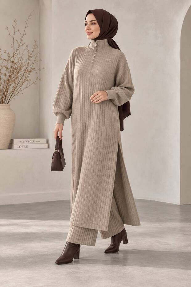 Women's collar, zippered, side slit, tunic, pants set