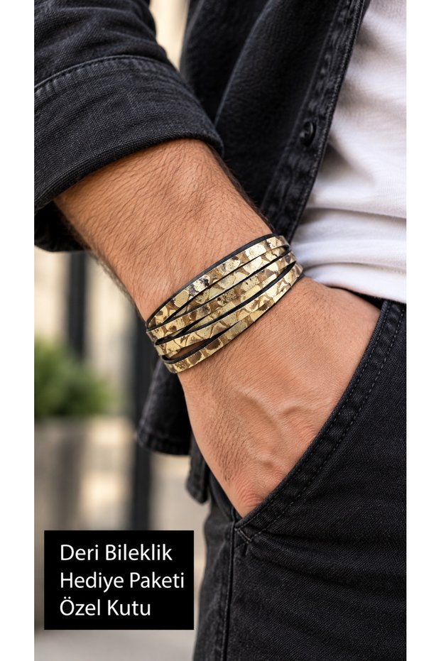 Halveri Sand Beige Leather Men's Bracelet - Multi-Row Patterned Textured Design