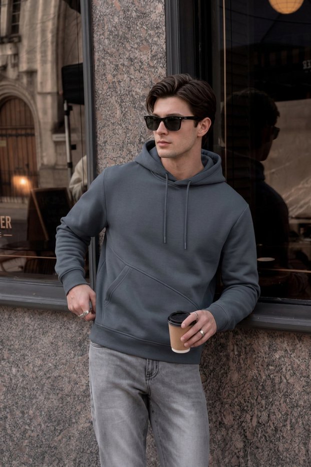 Men's Winter 3-Strand Fleece Hooded Oversize Sweatshirt with Cut-Out Pockets