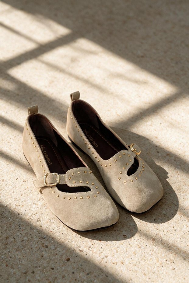 Axel Beige Women's Genuine Leather Suede Mary Jane Ballerina Shoes with Buckle and Trok Detail