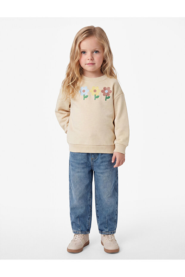 Floral Embroidered Long Sleeve Crew Neck Ribbed Sweatshirt